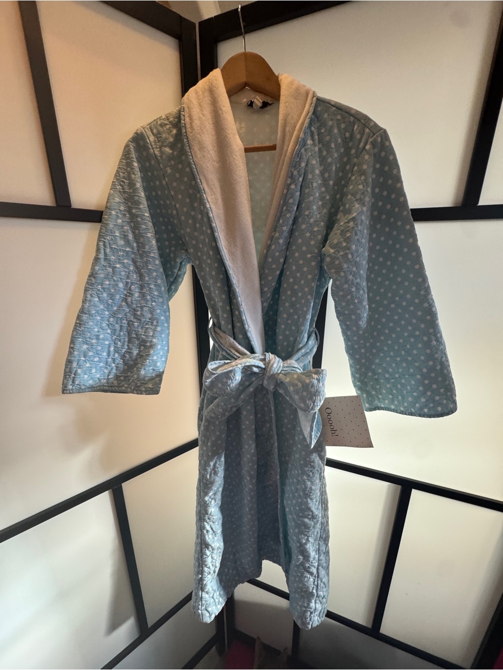 Vintage Christian Dior Petite Light Blue & White Polka Dot Quilted Bathrobe